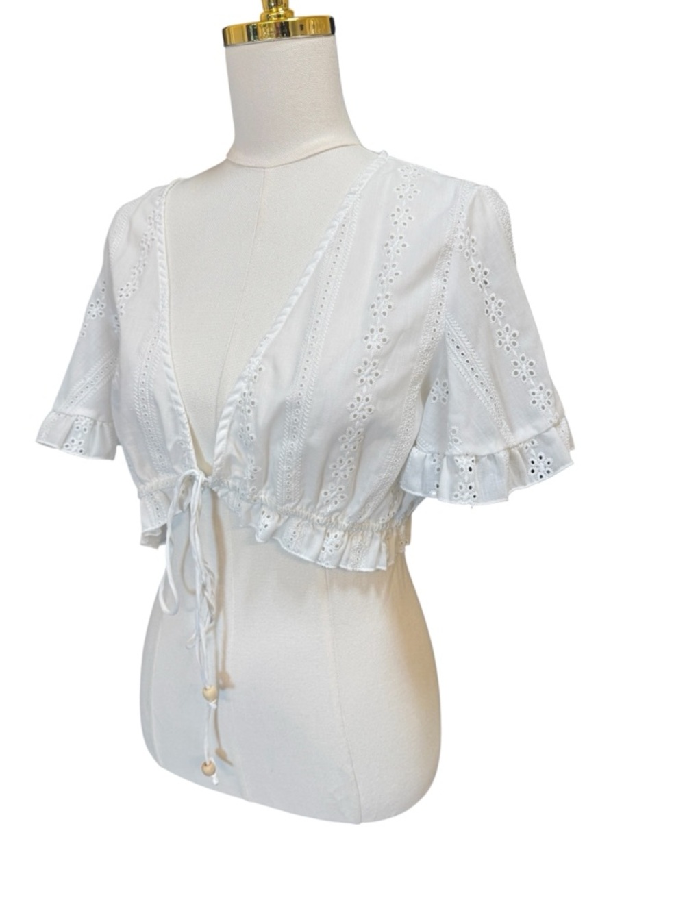 Cider Eyelet Crop Top White Tie Front Ruffle Sleeve Boho XL - Picture 2 of 7